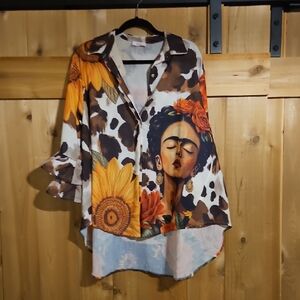 Vibrant Artistic Women's Blouse with Sunflower Design